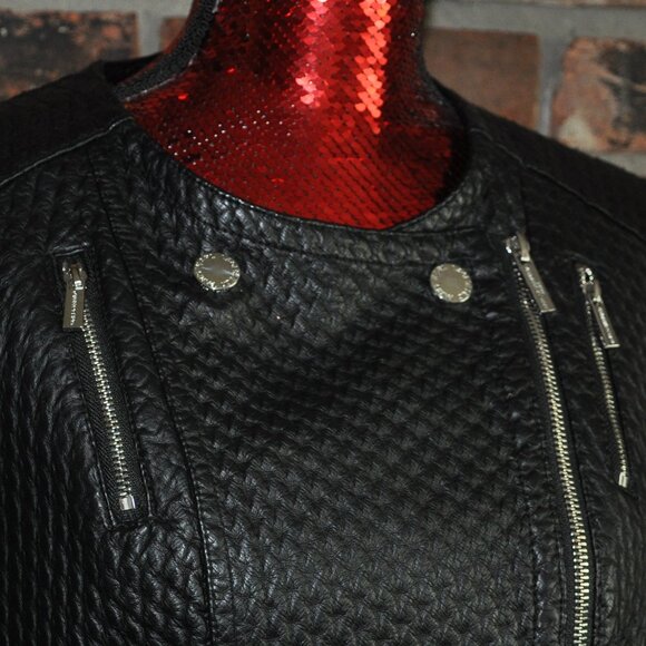 Karl Lagerfeld Paris Woven Texture Black Faux Leather Motorcycle Moto Jacket L - Picture 10 of 10